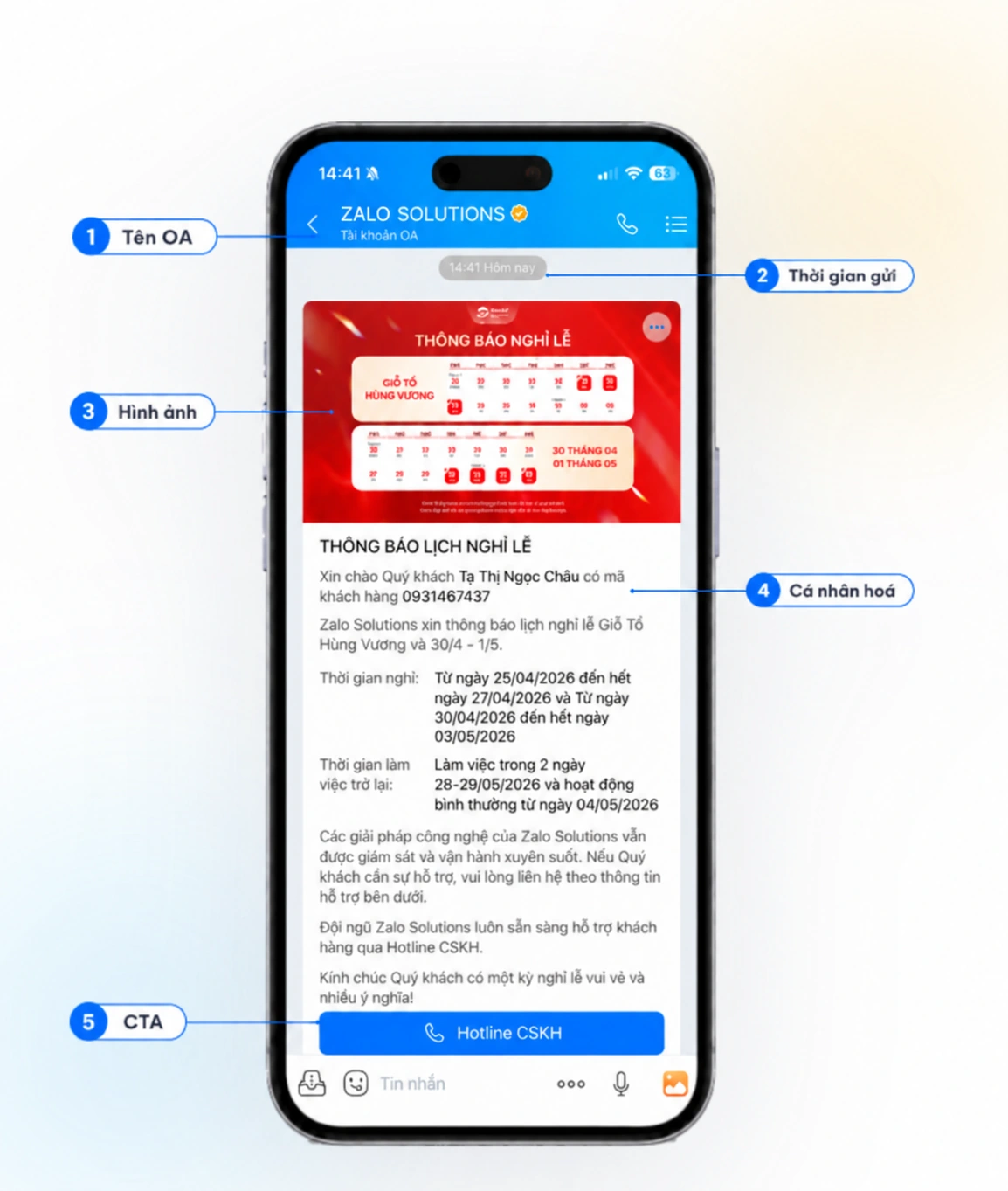 Minh họa tin Zalo ZBS với tên OA, thời gian gửi, hình ảnh, cá nhân hóa và nút CTA