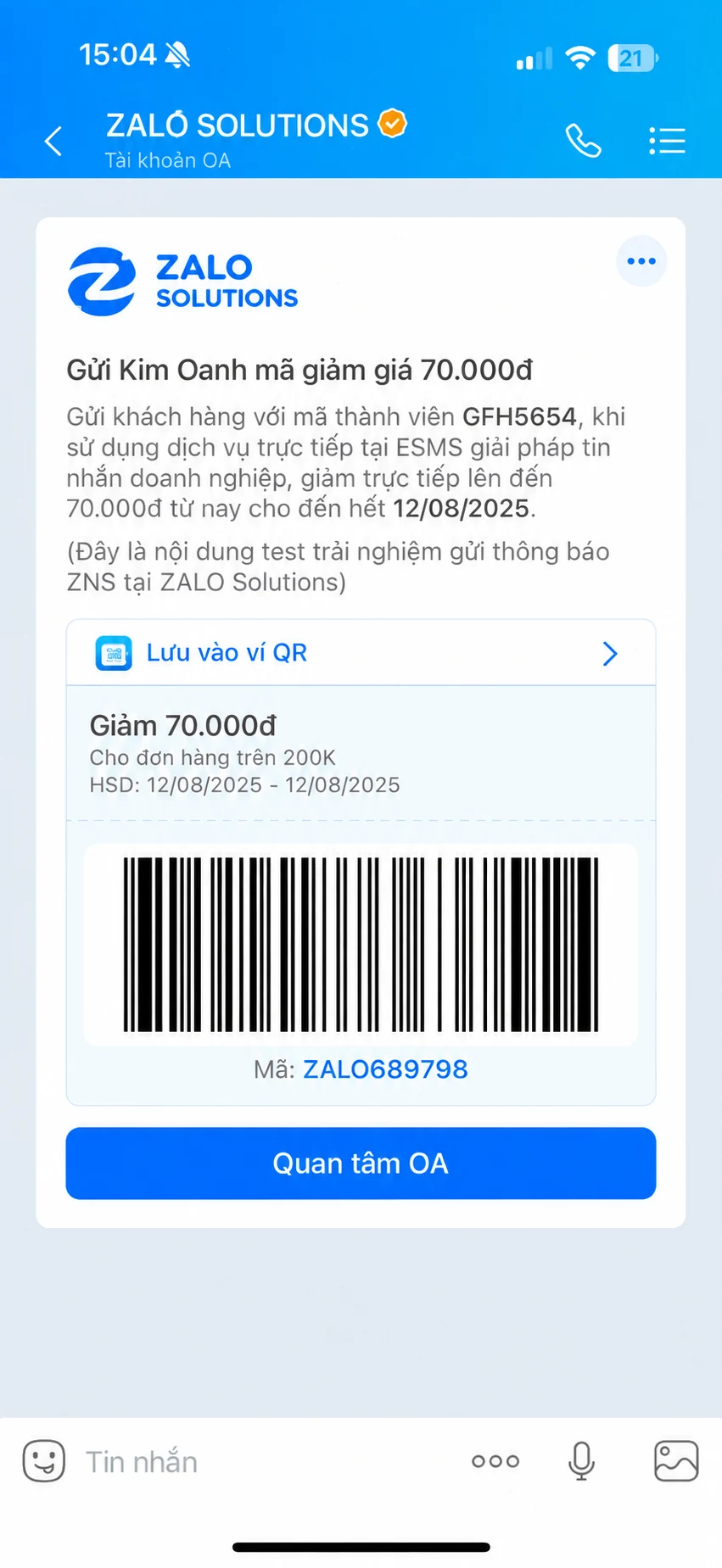 Mẫu tin khuyến mại Zalo Solutions