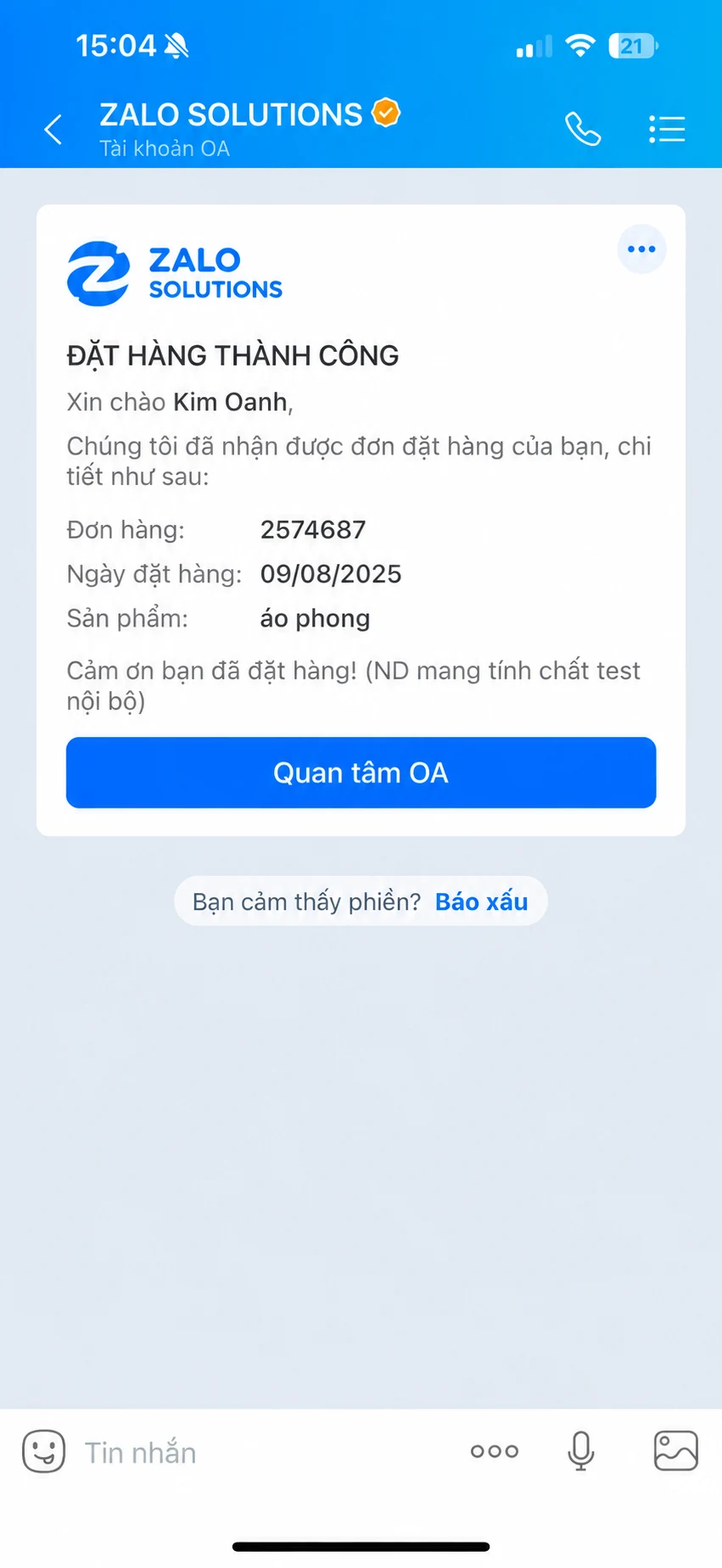 Mẫu tin xác nhận đơn Zalo Solutions